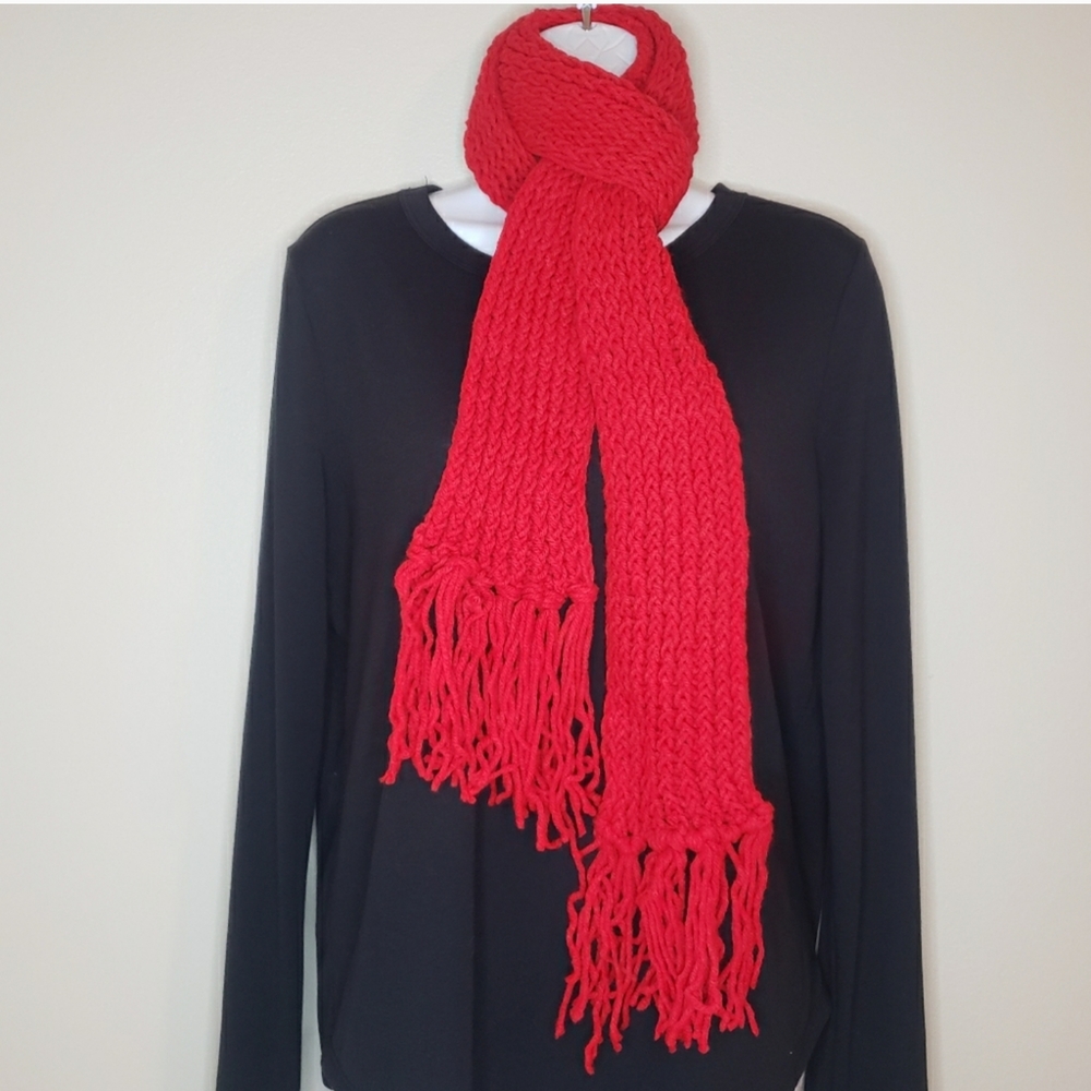 Red Handcrafted Crochet Scarf with Fringe Edges